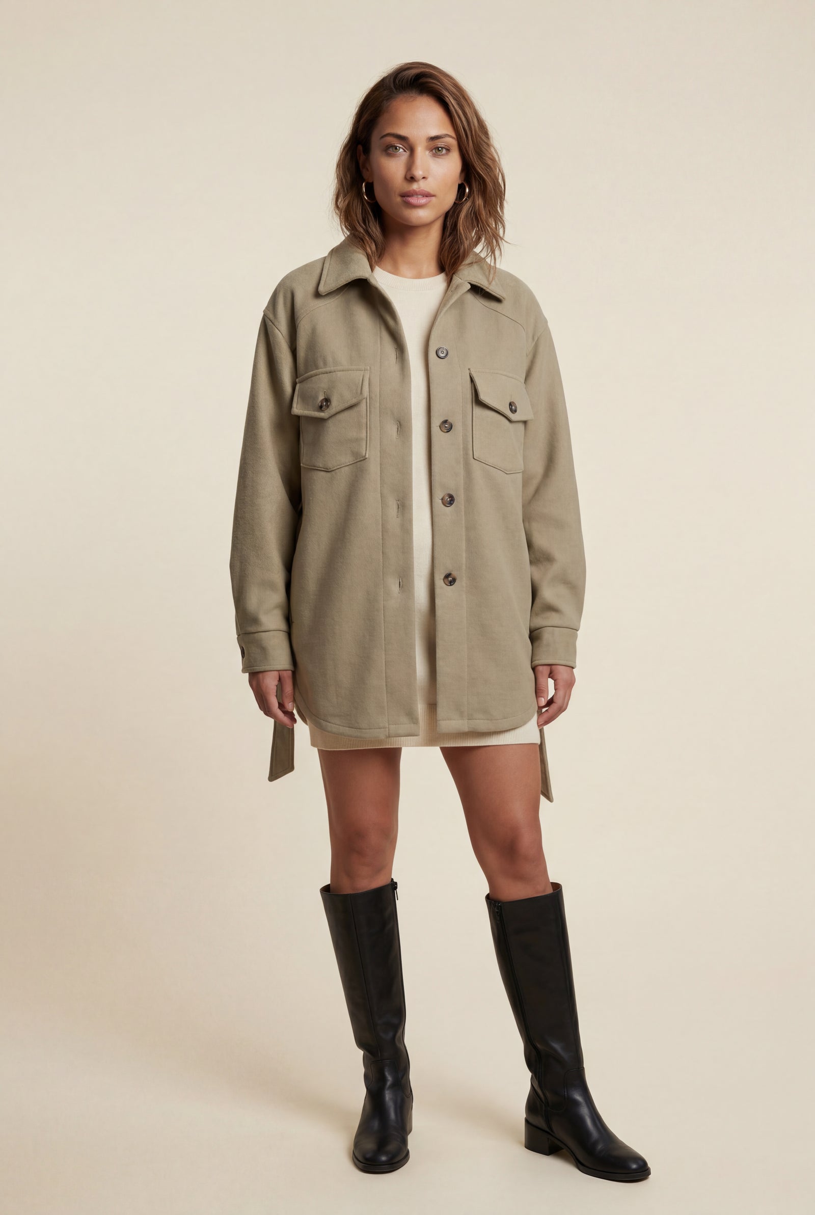 Khaki Relaxed Button-front Utility Jacket with Flap Pockets - Button jacket - Photo 1