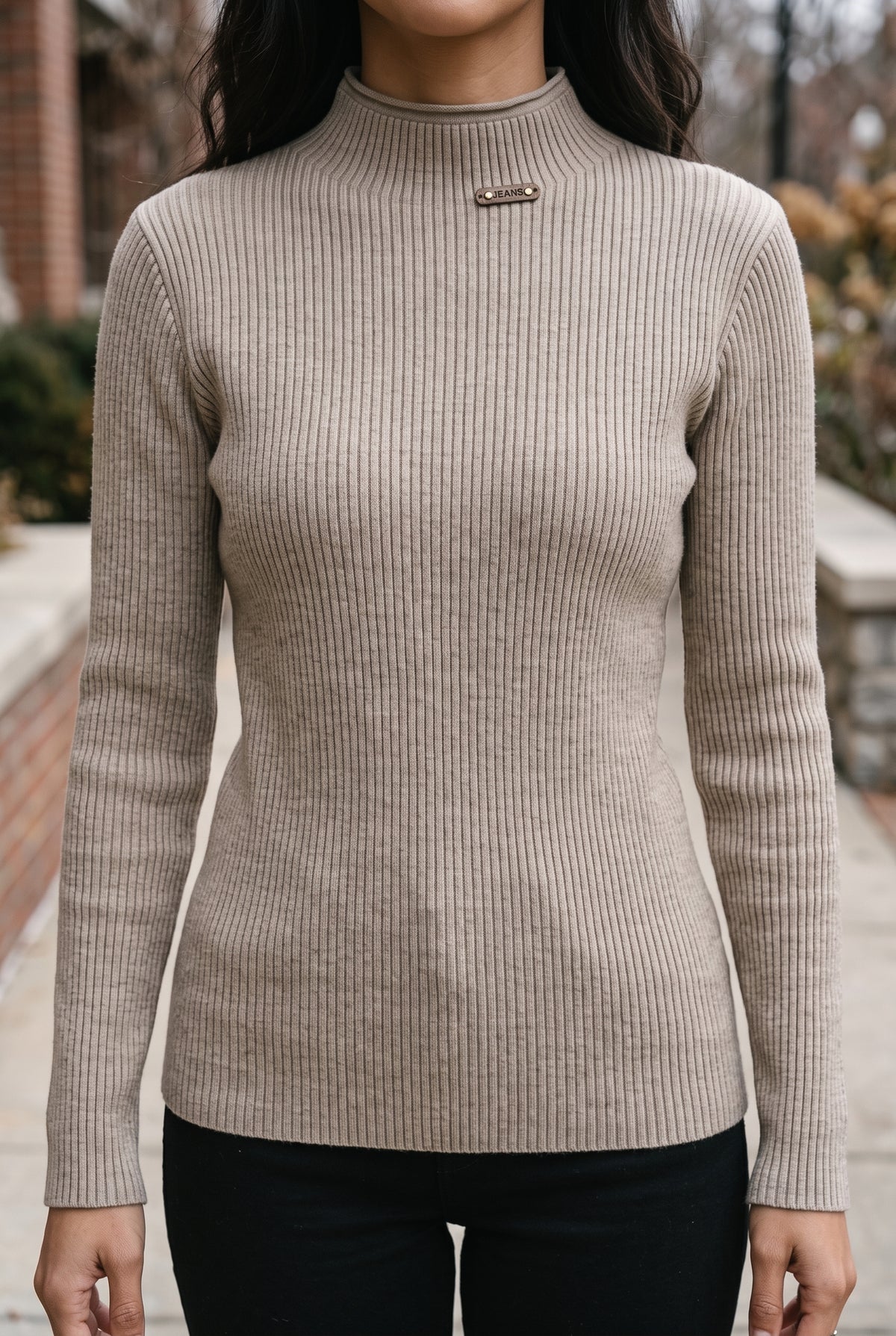 Ribbed High-Neck Sweater in Khaki — lifestyle