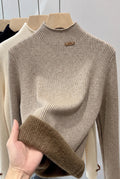 Ribbed High-Neck Sweater in Khaki — studio front