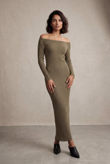Khaki Ribbed Off-shoulder Bodycon Maxi Dress with Long Sleeves - Photo 1