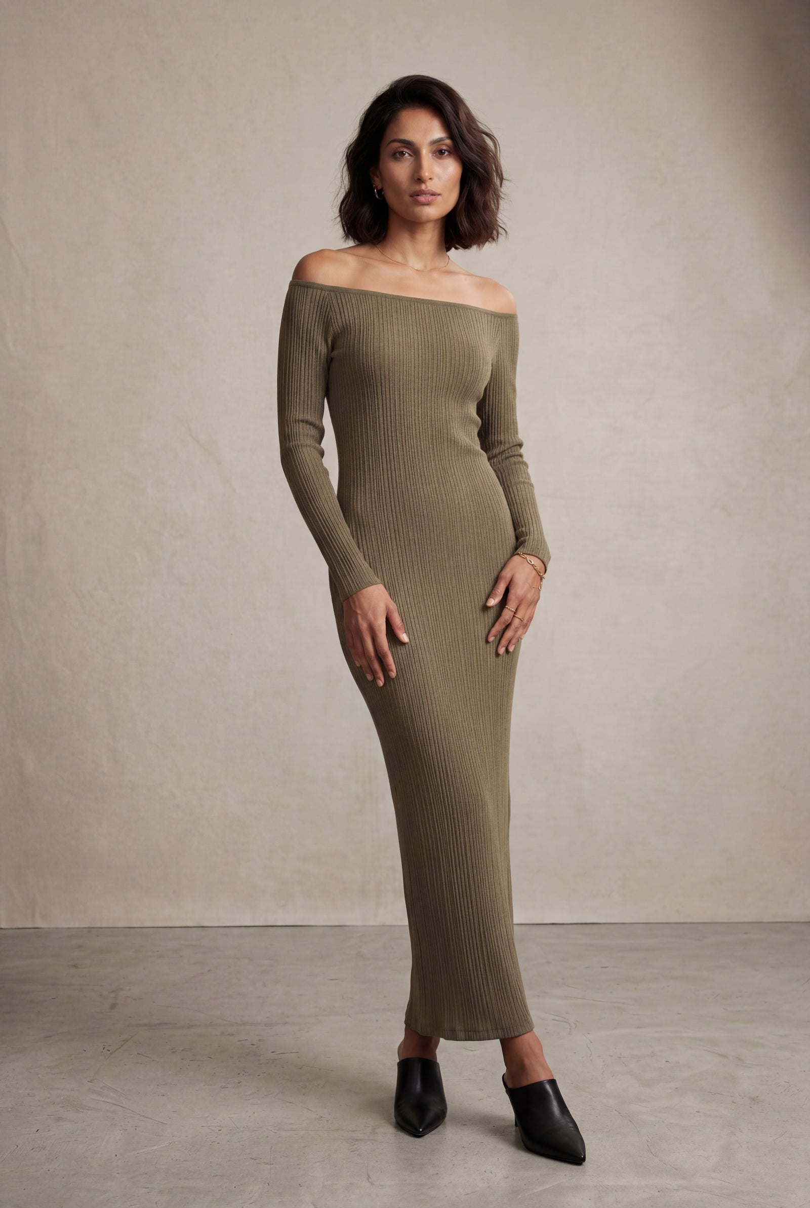Khaki Ribbed Off-shoulder Bodycon Maxi Dress with Long Sleeves - Photo 1