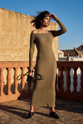 Khaki Ribbed Off-shoulder Bodycon Maxi Dress with Long Sleeves - Photo 6