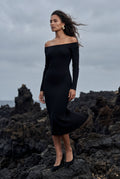 Black Ribbed Off-shoulder Bodycon Maxi Dress with Long Sleeves - Photo 7