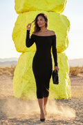 Black Ribbed Off-shoulder Bodycon Maxi Dress with Long Sleeves - Photo 8