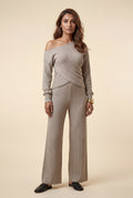 Khaki Ribbed Off-shoulder Lounge Set with Wide-leg Pants - Photo 5