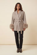 Khaki Shawl Collar Belted Faux Fur Cuff Wrap Coat - Full length coat - Photo 1