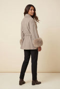 Khaki Shawl Collar Belted Faux Fur Cuff Wrap Coat - Full length coat - Photo 2
