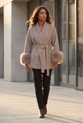 Khaki Shawl Collar Belted Faux Fur Cuff Wrap Coat - Full length coat - Photo 3