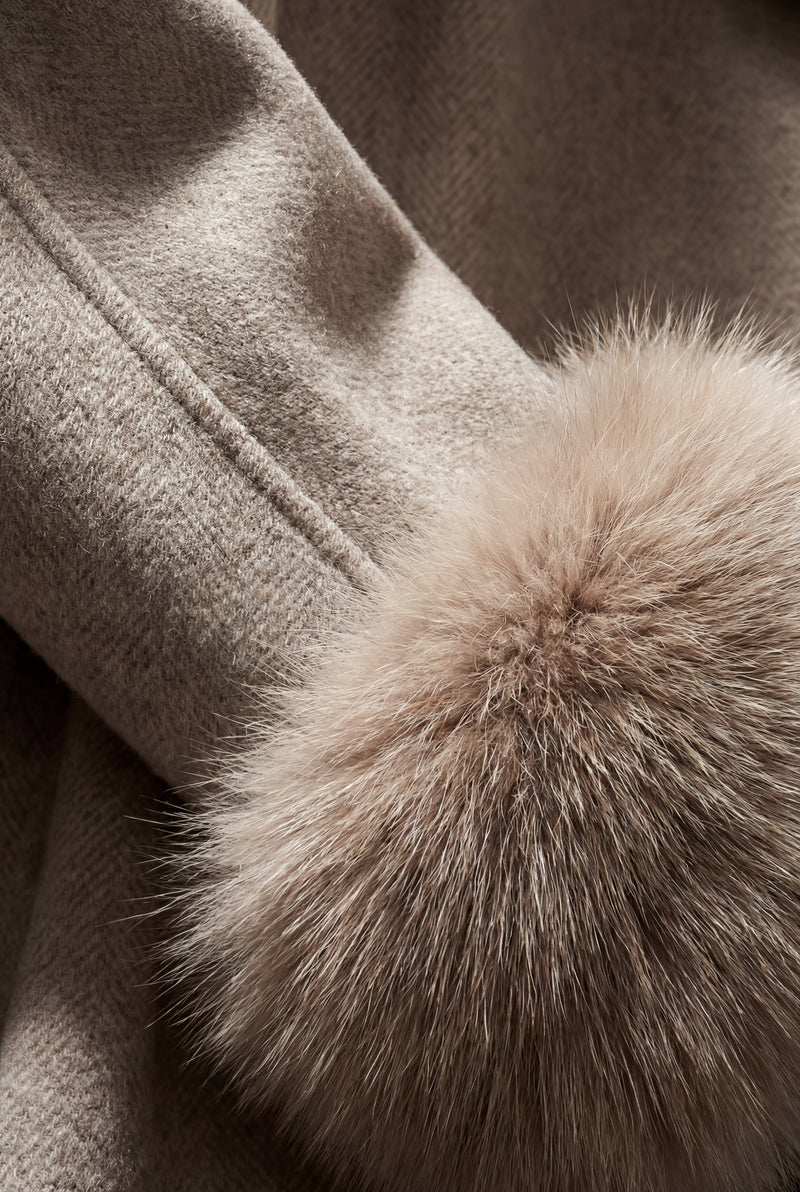 Khaki Shawl Collar Belted Faux Fur Cuff Wrap Coat - Full length coat - Photo 4