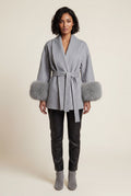 Gray Shawl Collar Belted Faux Fur Cuff Wrap Coat - Full length coat - Photo 5