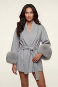 Gray Shawl Collar Belted Faux Fur Cuff Wrap Coat - Full length coat - Photo 6