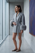 Gray Shawl Collar Belted Faux Fur Cuff Wrap Coat - Full length coat - Photo 8