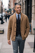 Shawl Collar Knit Cardigan in Khaki — lifestyle