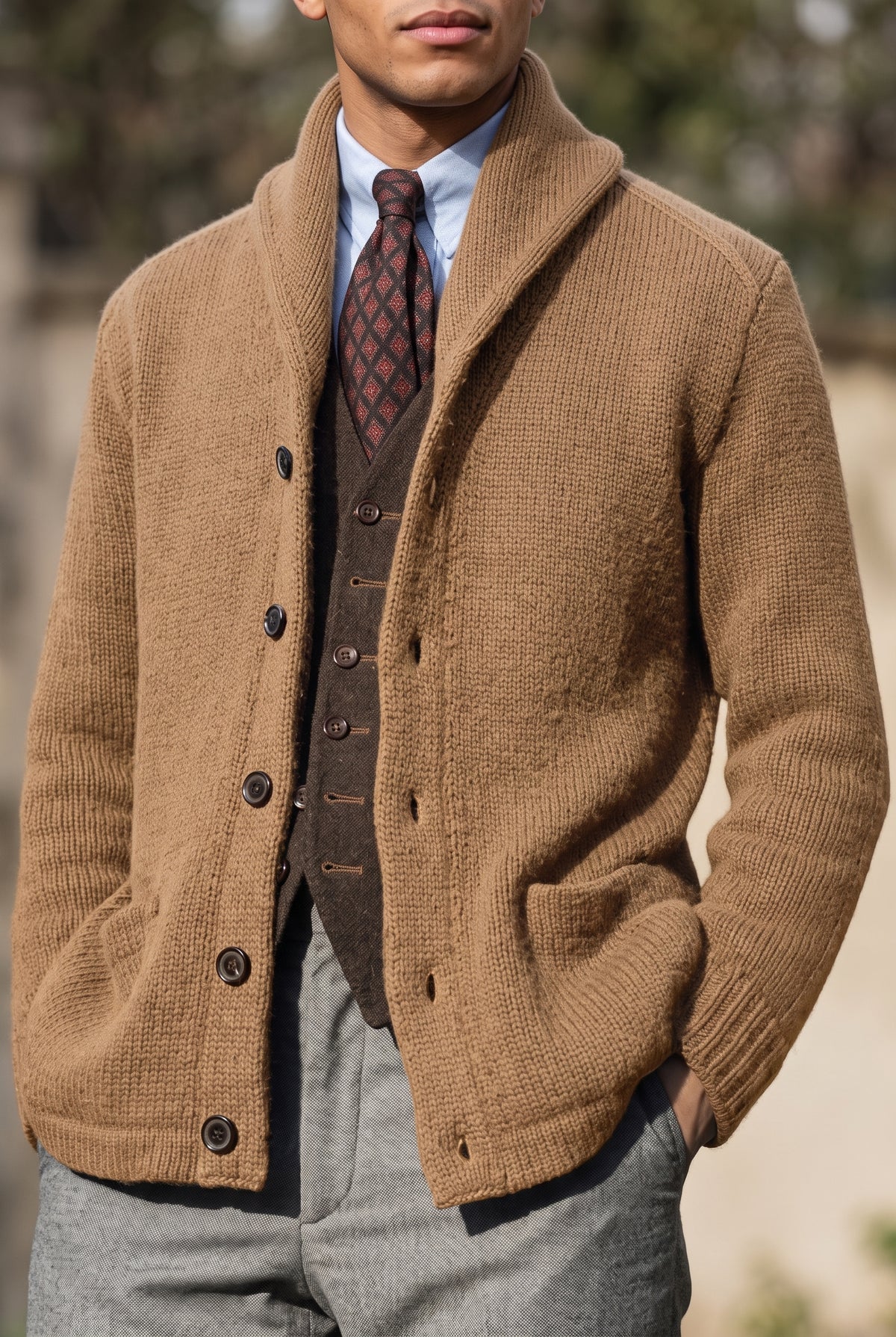 Shawl Collar Knit Cardigan in Khaki — studio front