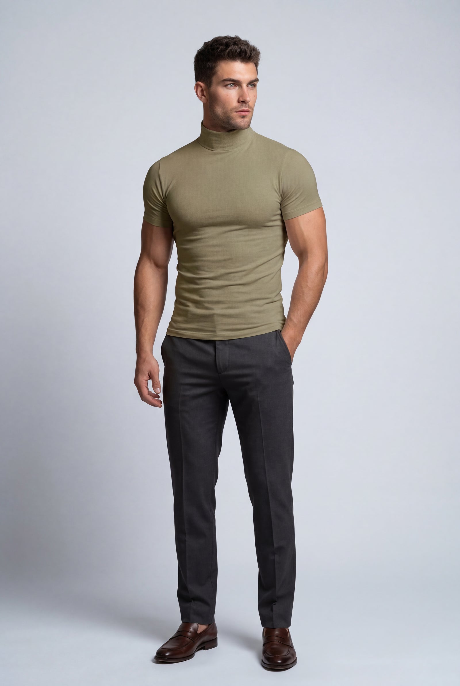 Khaki Slim Fit Short Sleeve Turtleneck Shirt - Turtleneck shirts - Photo 11