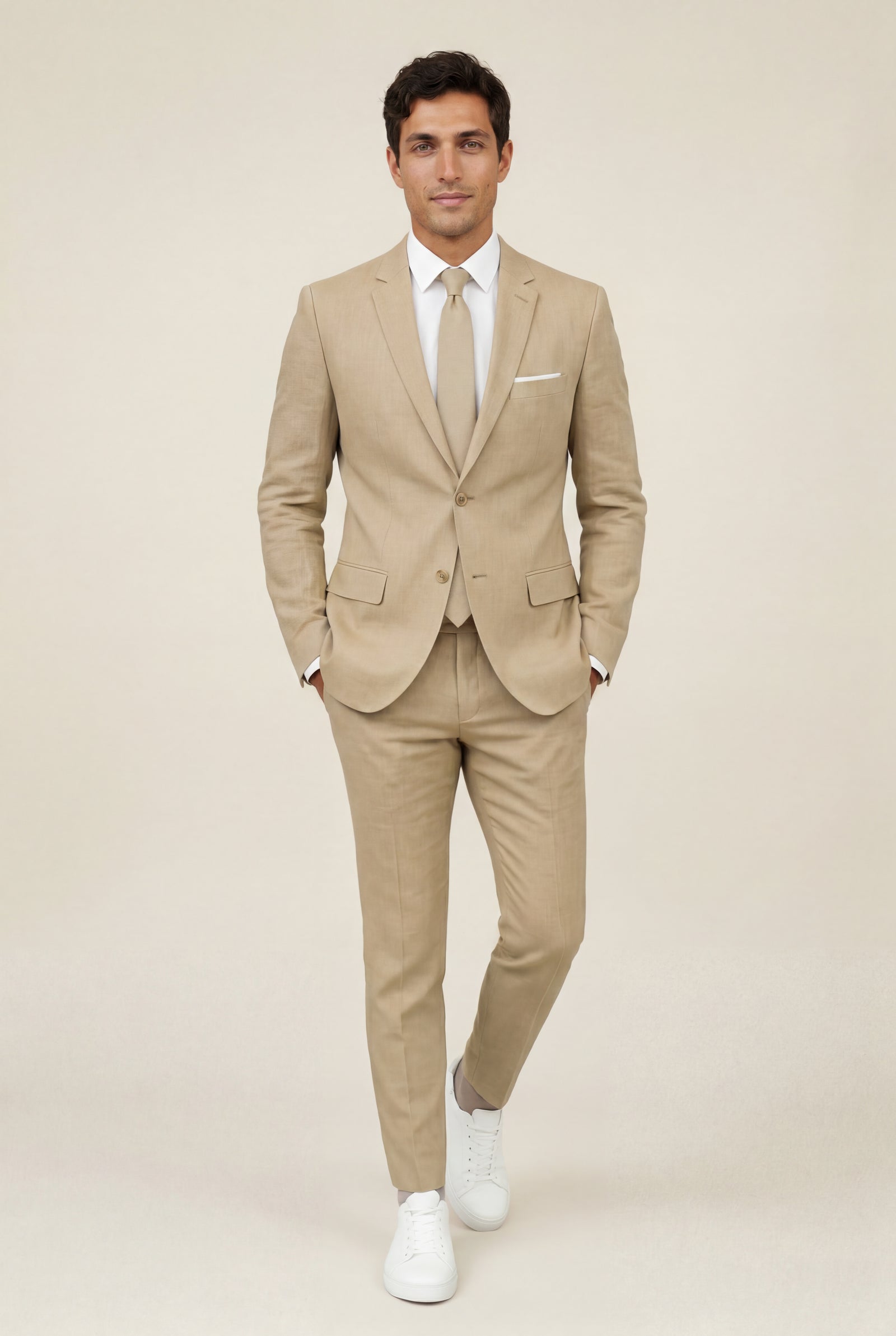 Khaki Slim Tailored Suit with Notch Lapel and Tapered Trousers - Linen suit - Photo 17