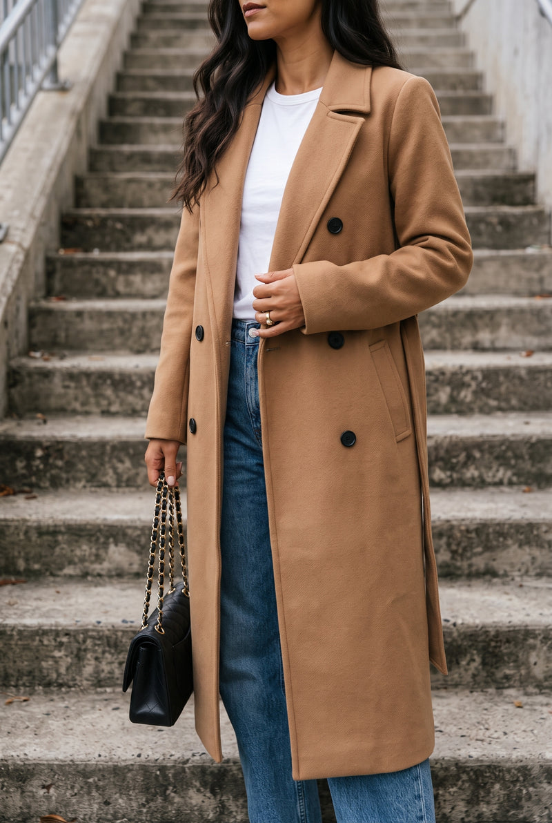 Structured Double-Breasted Trench Coat in Khaki — studio front