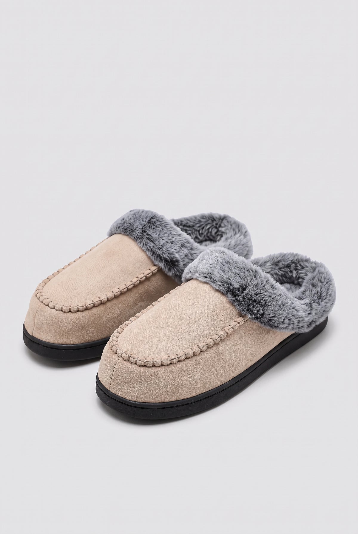 Suede Mule Slippers in Khaki — studio front
