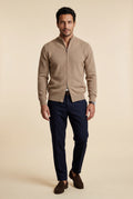 Khaki Textured Stand Collar Full Zip Knitted Cardigan - Photo 1