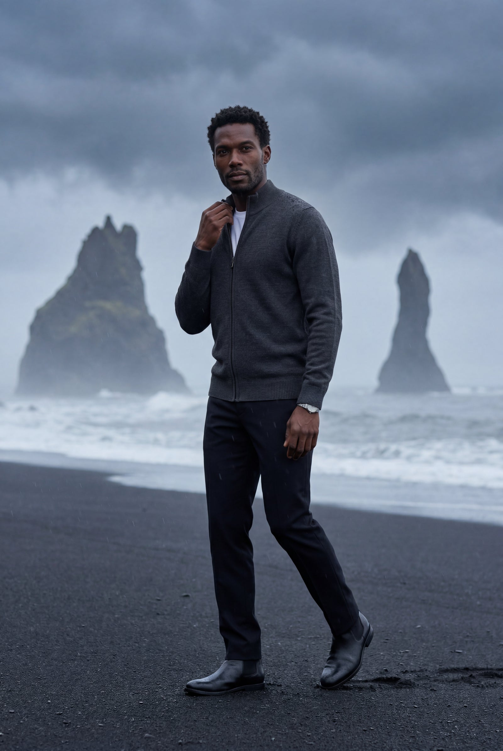 Gray Textured Stand Collar Full Zip Knitted Cardigan - Photo 12