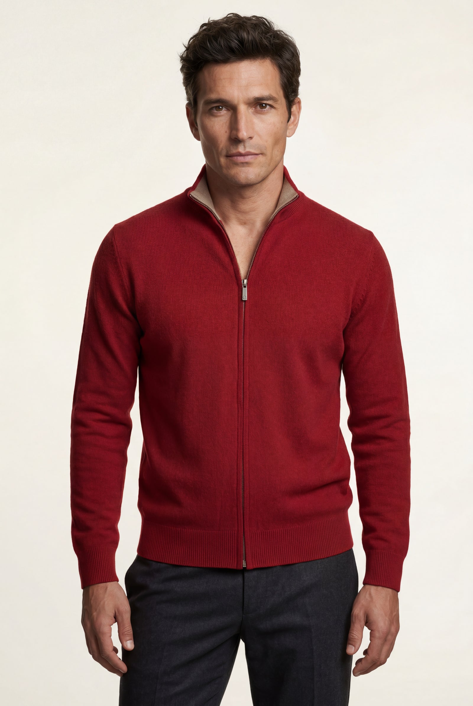Red Textured Stand Collar Full Zip Knitted Cardigan - Photo 14
