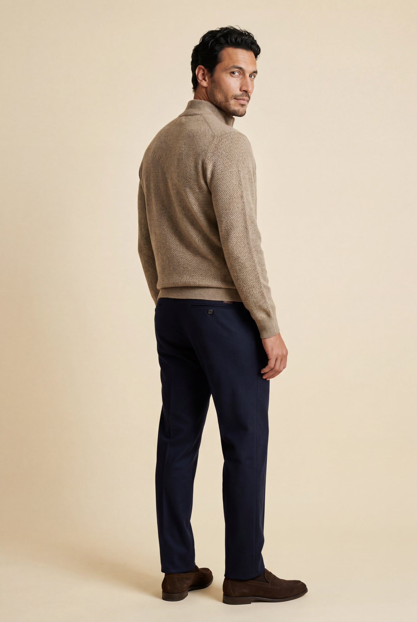 Khaki Textured Stand Collar Full Zip Knitted Cardigan - Photo 2