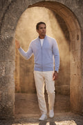 Blue Textured Stand Collar Full Zip Knitted Cardigan - Photo 24
