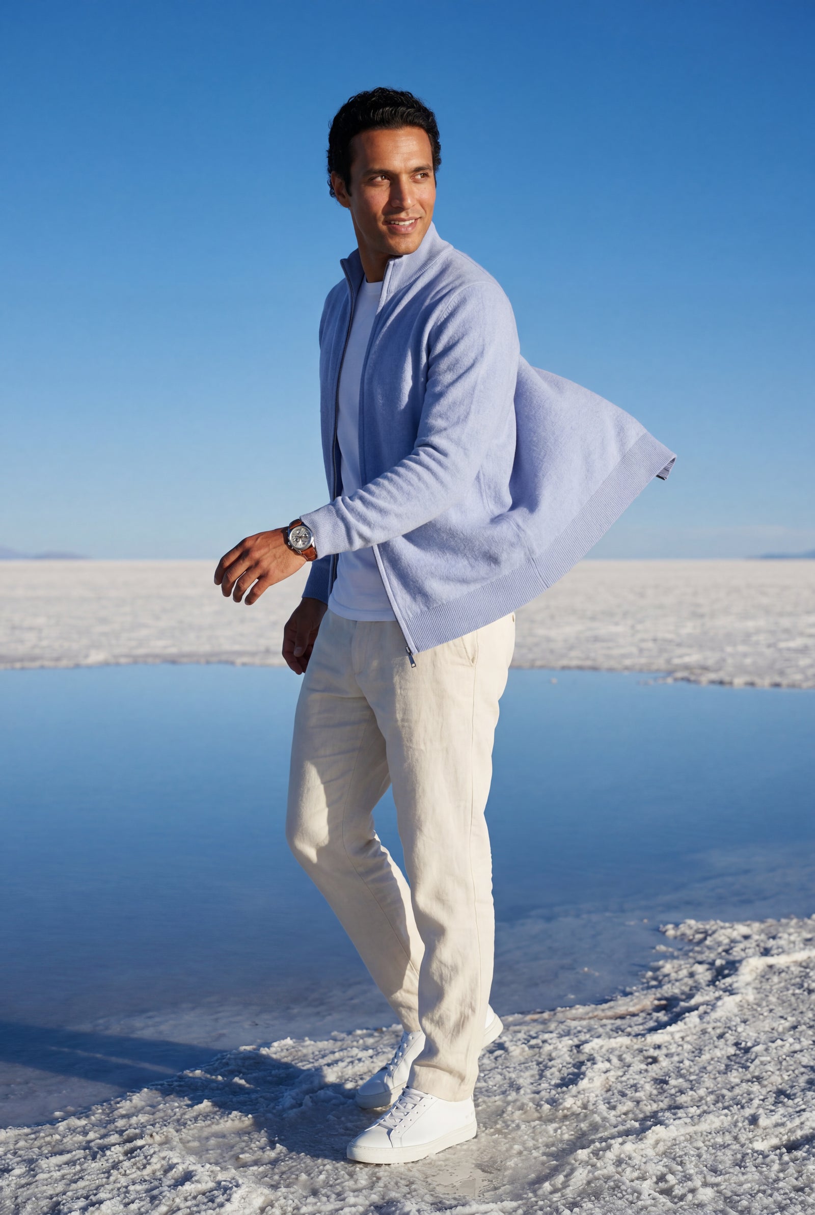 Blue Textured Stand Collar Full Zip Knitted Cardigan - Photo 27