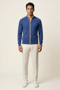 Blue Textured Stand Collar Full Zip Knitted Cardigan - Photo 4