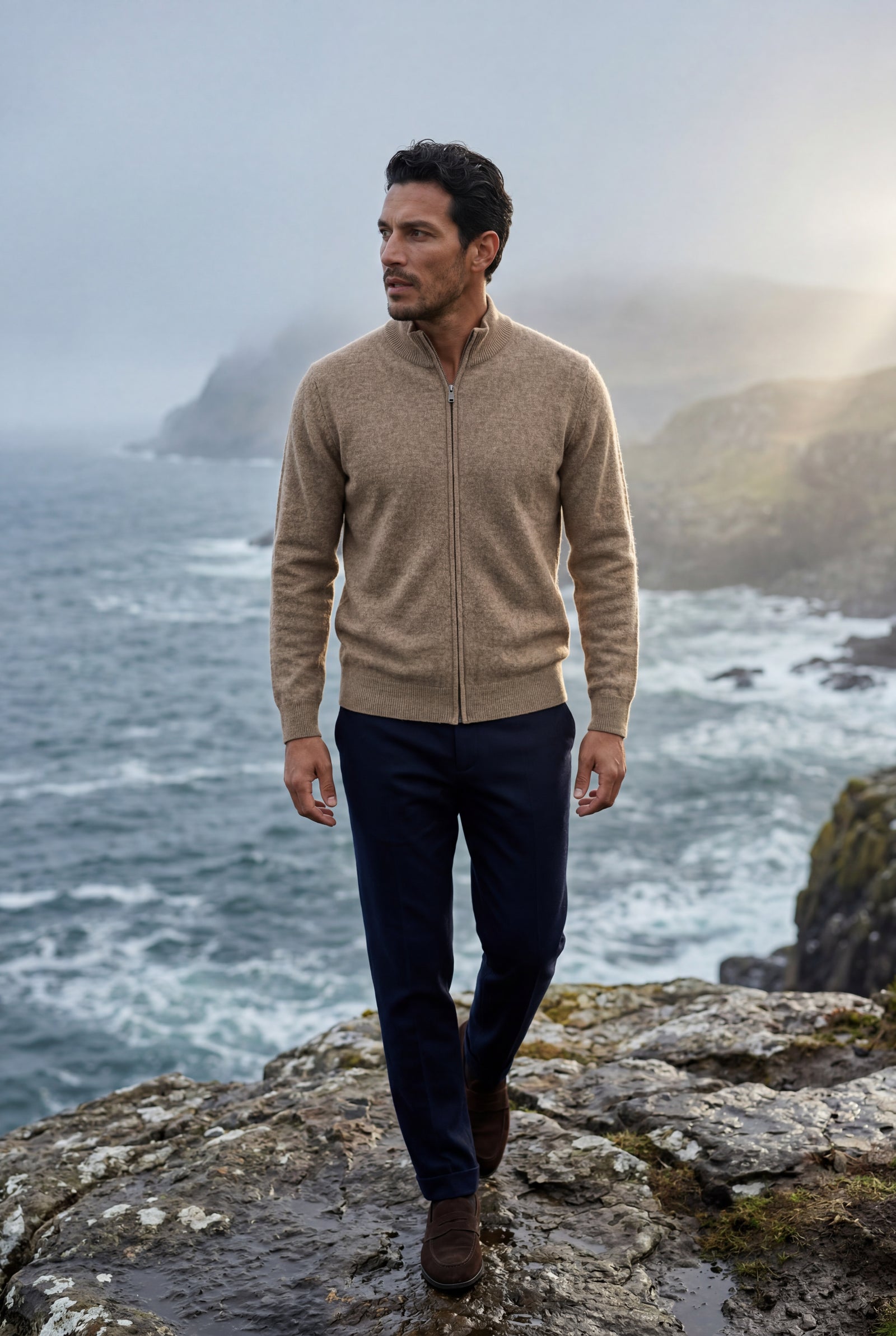 Khaki Textured Stand Collar Full Zip Knitted Cardigan - Photo 8