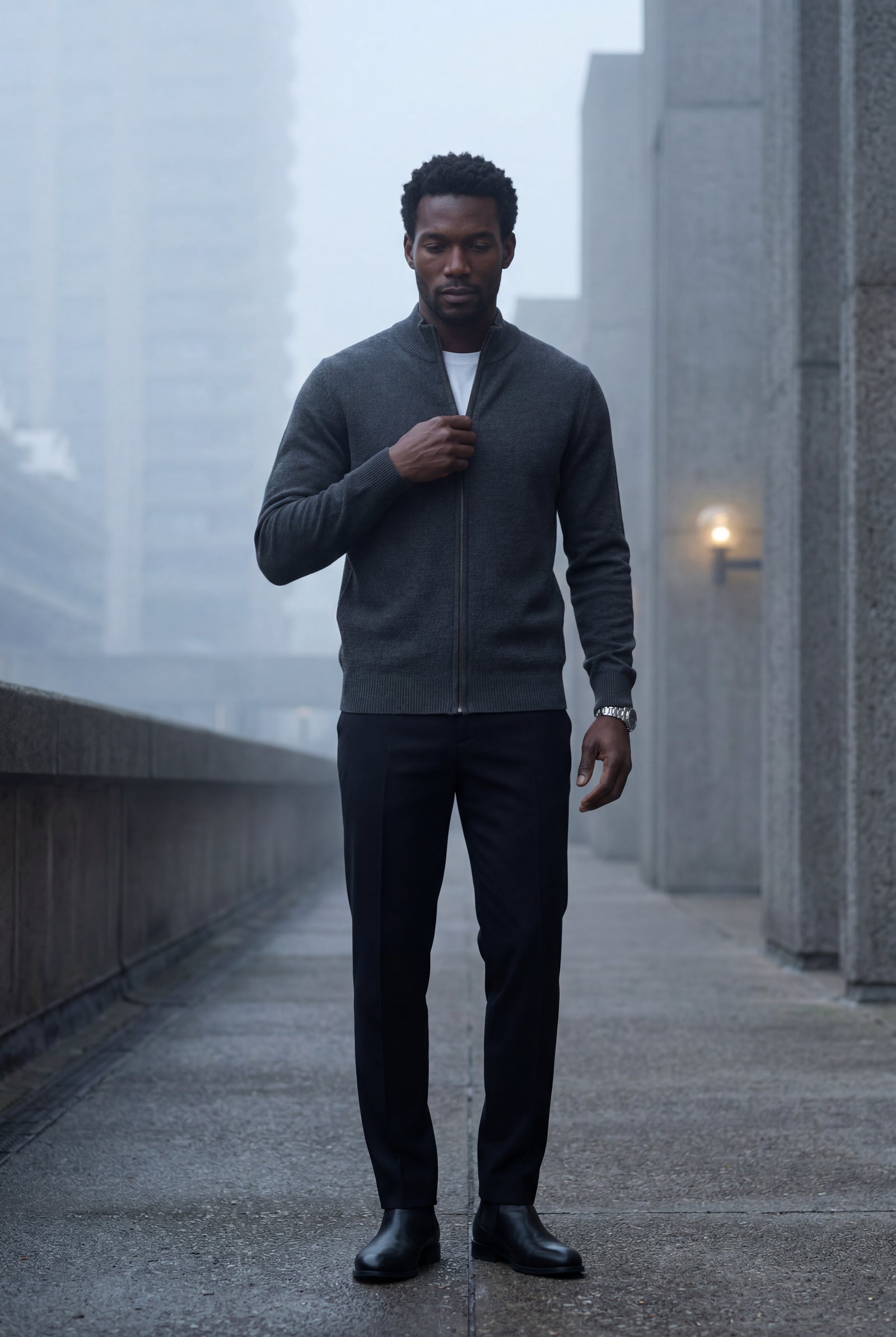 Gray Textured Stand Collar Full Zip Knitted Cardigan - Photo 9