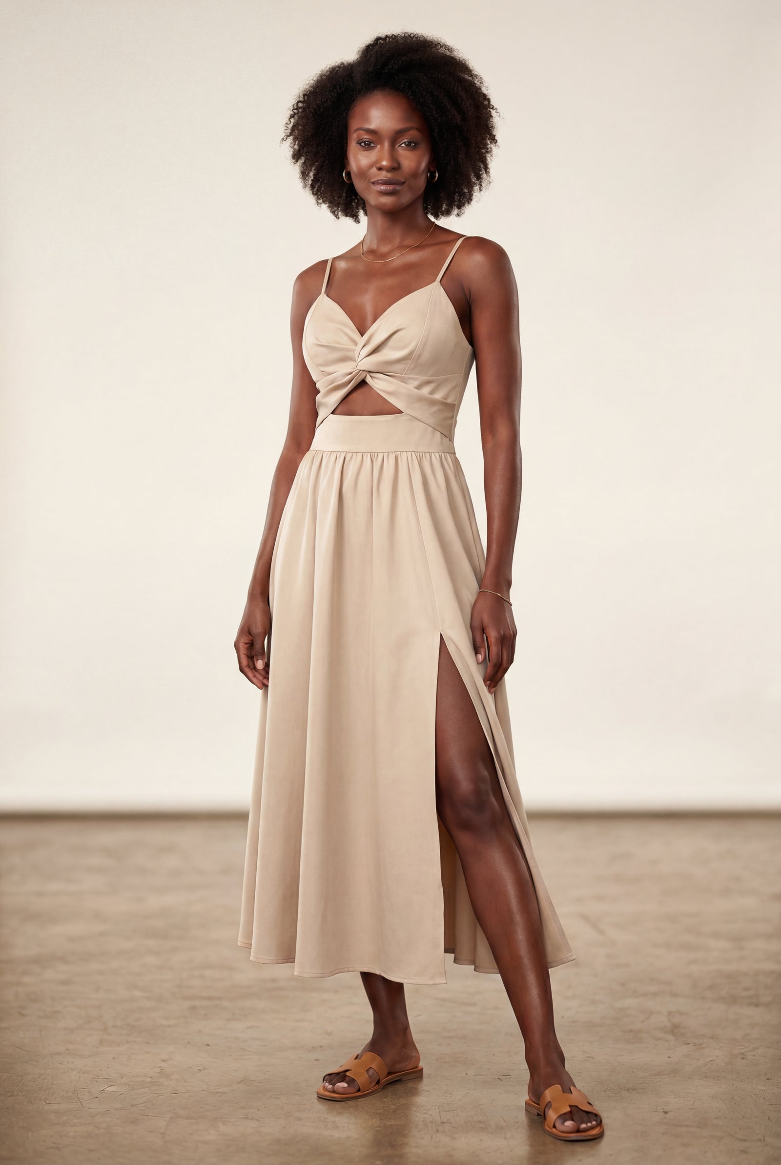 Khaki Twist-front Cutout Midi Dress with Side Slit - Photo 29