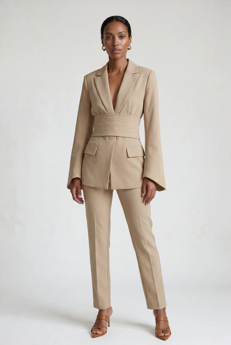 Khaki Wide Lapel Belted Blazer with Split Sleeves - Fitted blazers - Photo 2