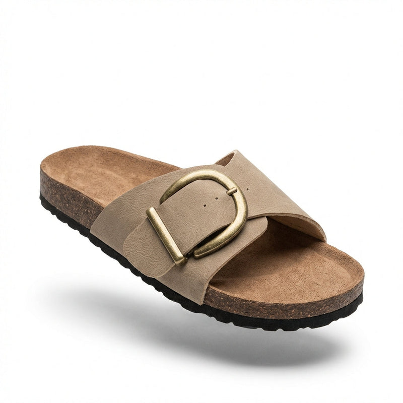 Khaki Wide-strap Slide Sandals with Oversized Buckle Detail - Flat sandals - Photo 1