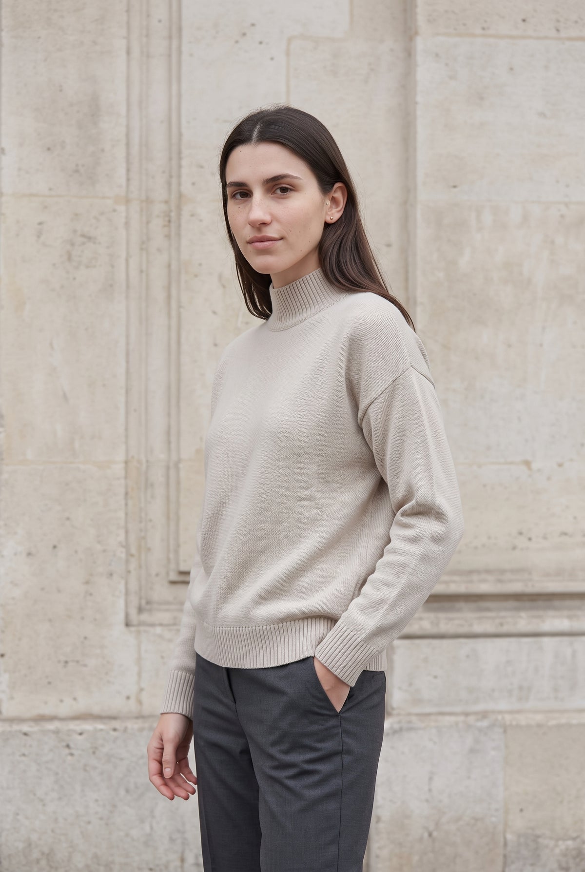 Women's Fleece-Lined Mock Neck Sweater in Khaki — lifestyle