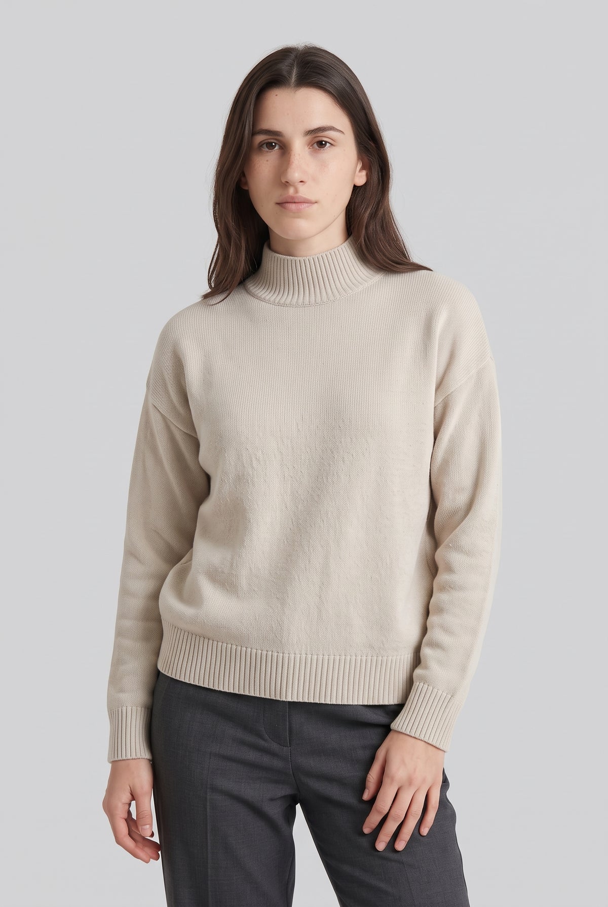 Women's Fleece-Lined Mock Neck Sweater in Khaki — studio front