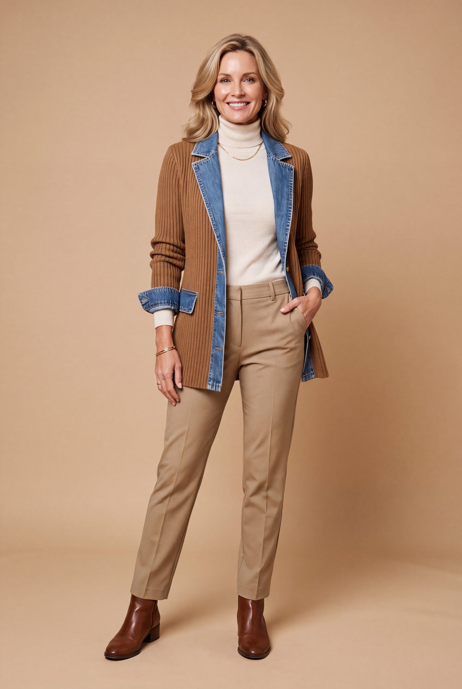 Women's Jacket Layered Collar Button in Khaki — primary studio
