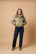 Women's Puffer Jacket High Collar Cropped in Khaki — studio front