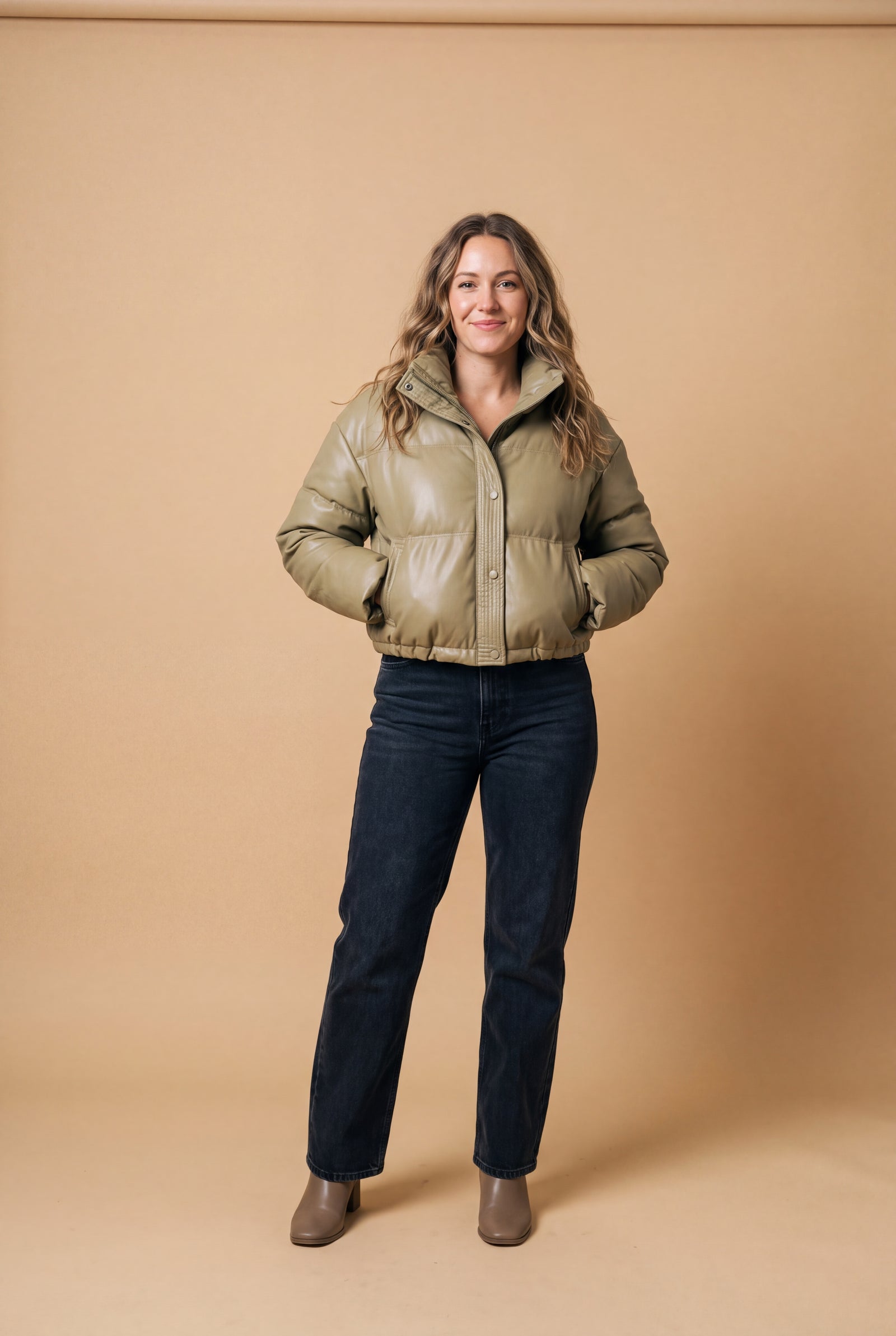 Women's Puffer Jacket High Collar Cropped in Khaki — studio front