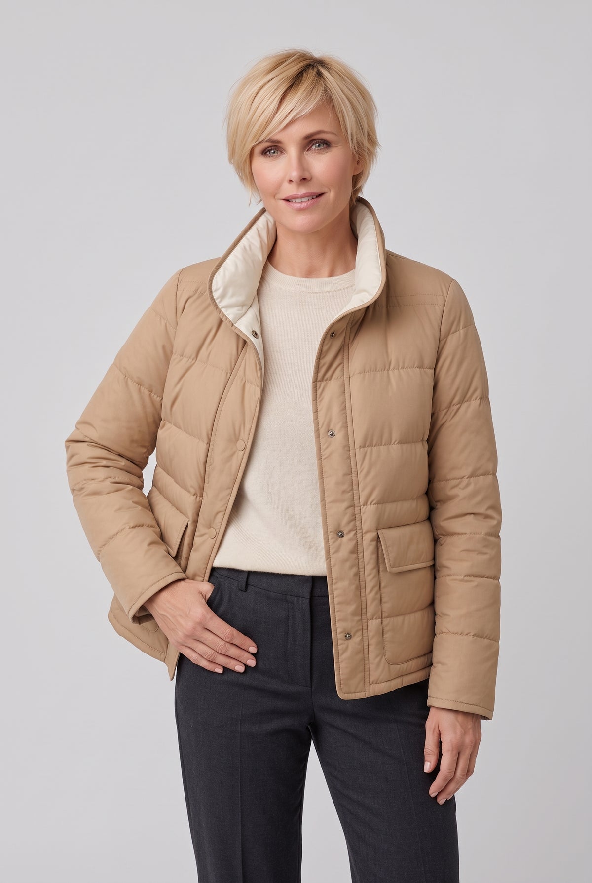 Women's Reversible Quilted Jacket with Stand Collar in Khaki — studio front