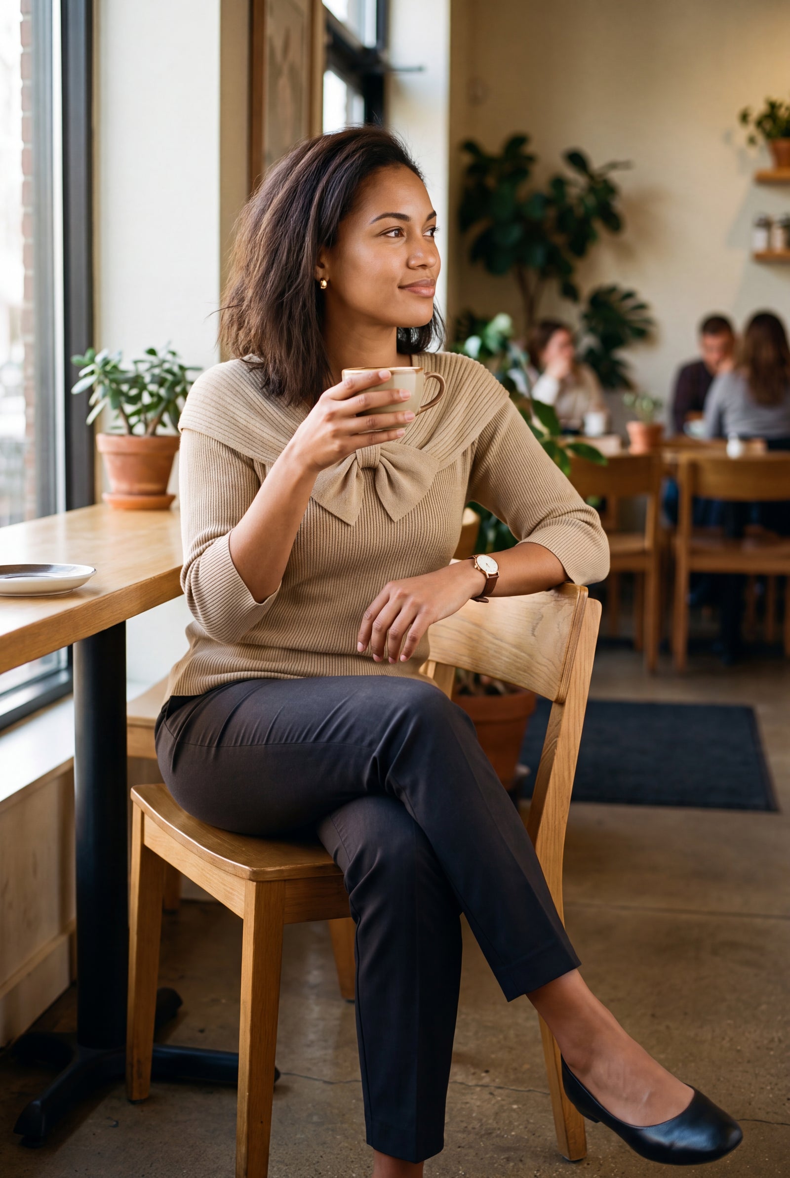 Women's Sweater Bow Detail in Khaki — lifestyle secondary
