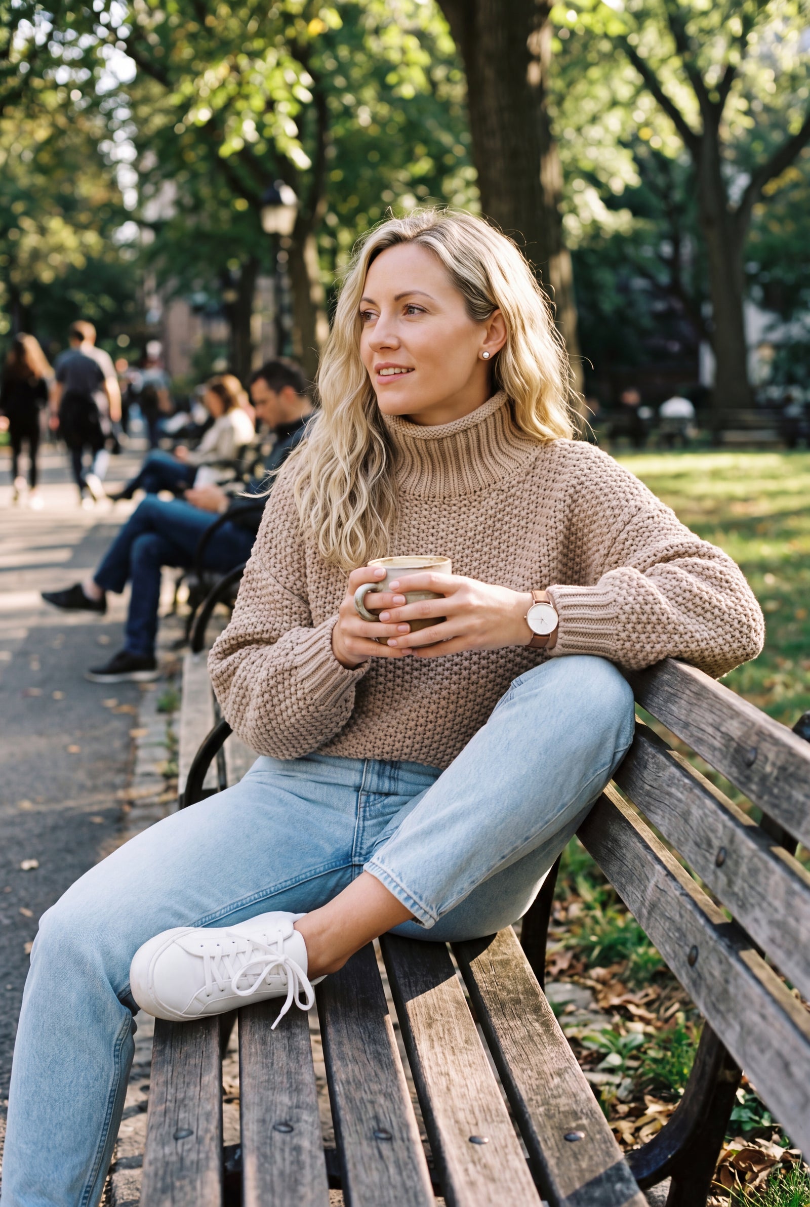 Women's Sweater High Neck Extra Long Sleeve in Khaki — lifestyle