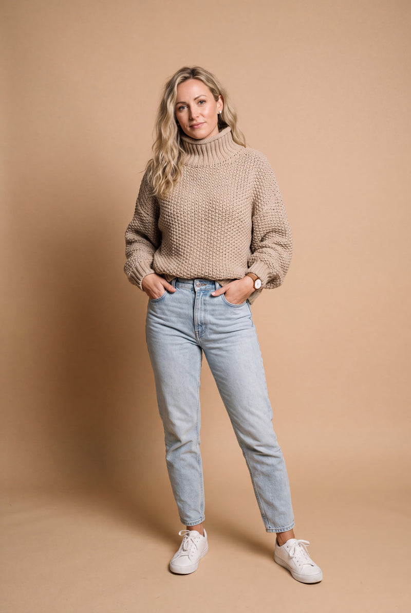 Women's Sweater High Neck Extra Long Sleeve in Khaki — studio