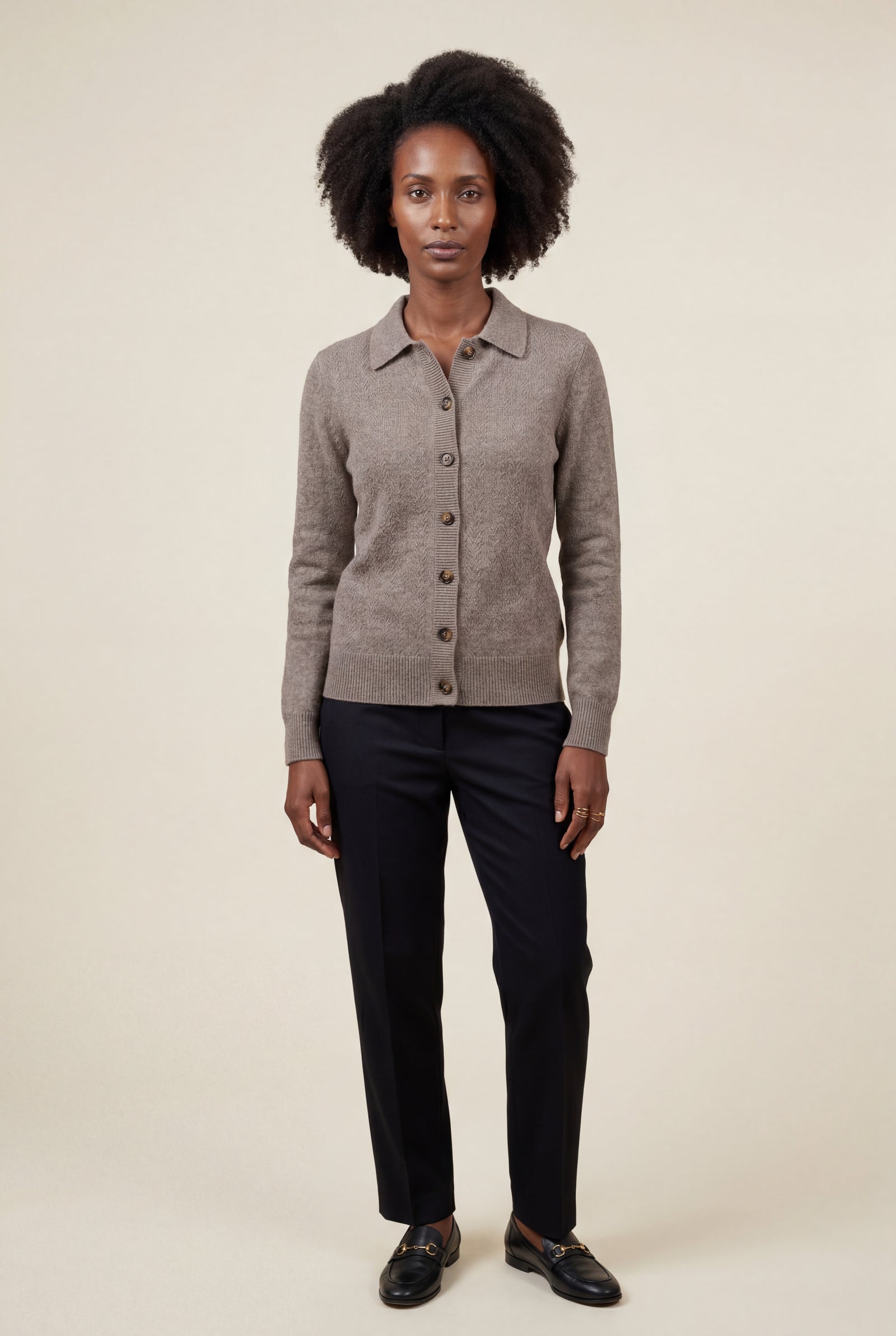 Khaki Women's Classic Collared Button-Down Cardigan Sweater - Photo 1