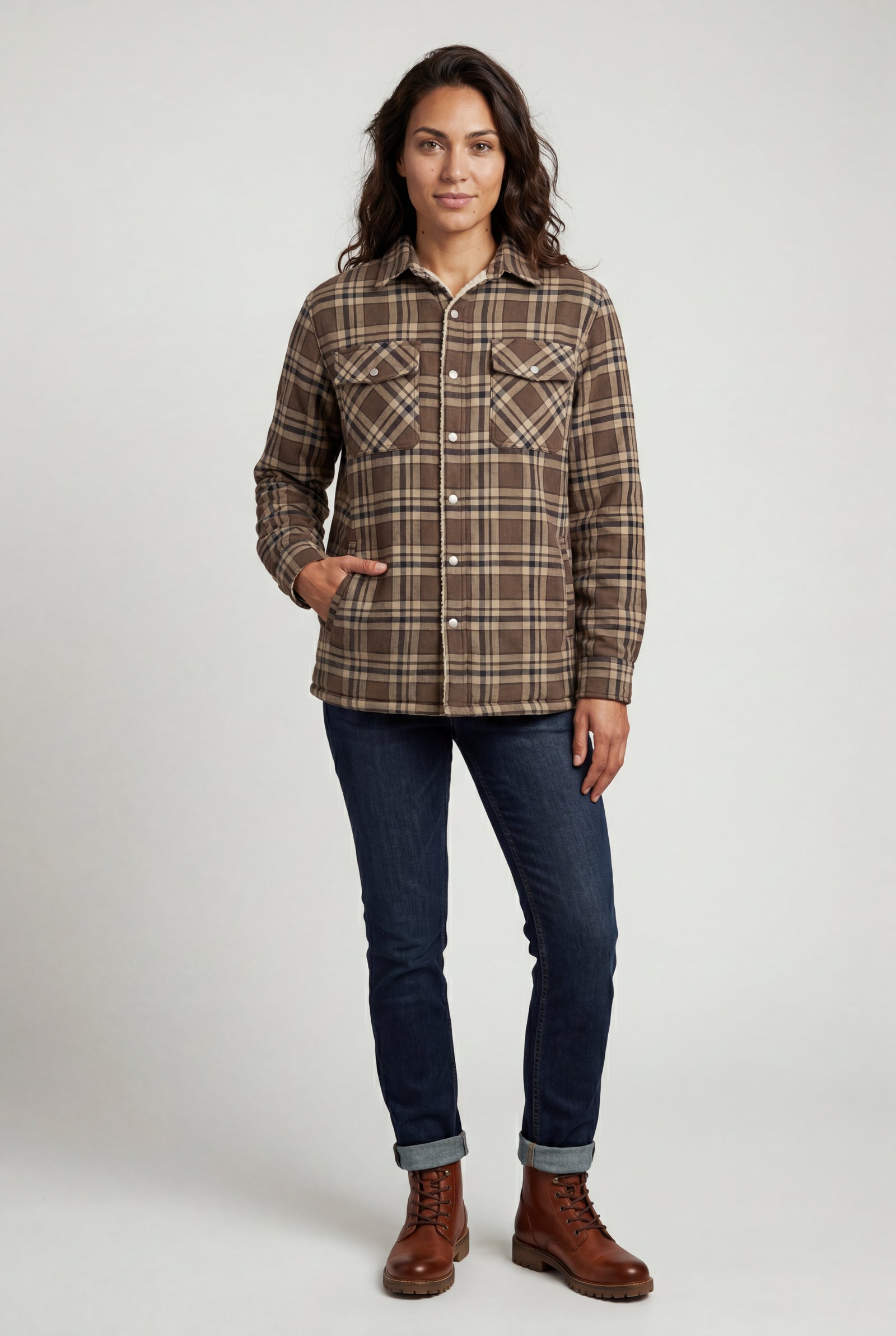 Khaki Women's -Lined Plaid Relaxed Shirt Jacket - Shirt jackets - Photo 1