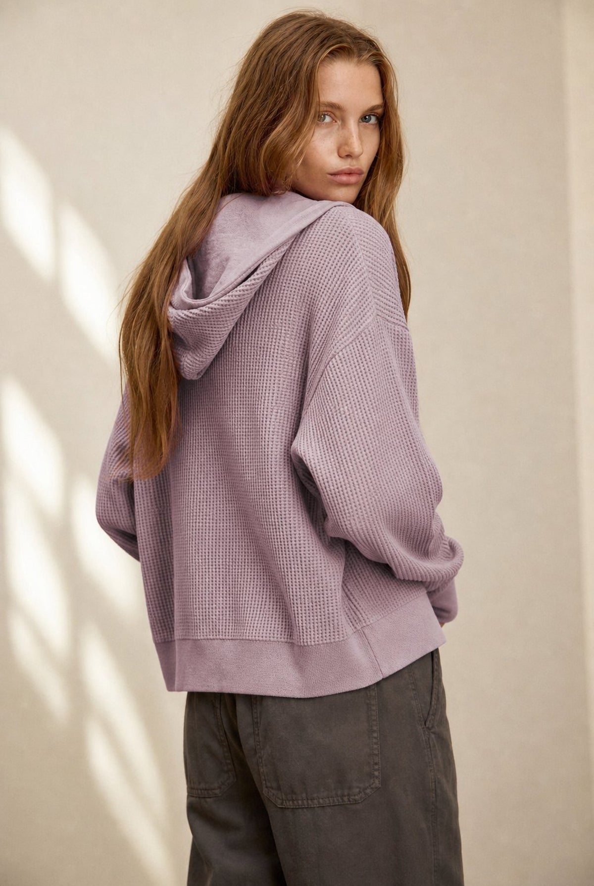 Cropped Waffle Zip-Up Hoodie in Lavender — back