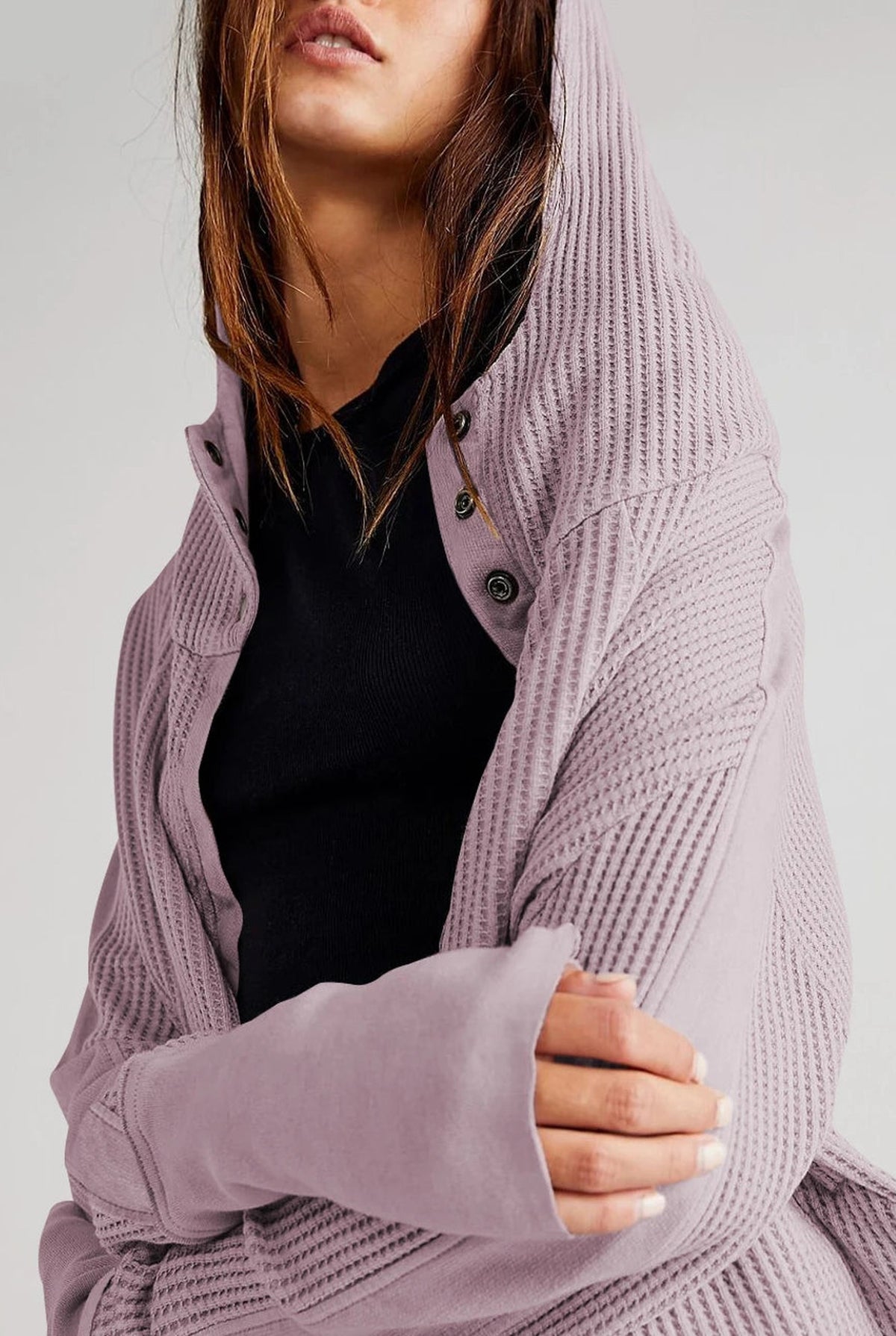 Cropped Waffle Zip-Up Hoodie in Lavender — detail