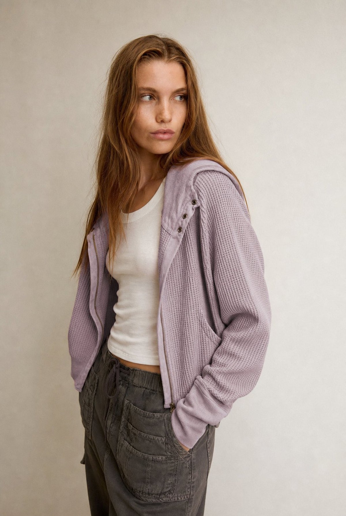 Cropped Waffle Zip-Up Hoodie in Lavender — front view