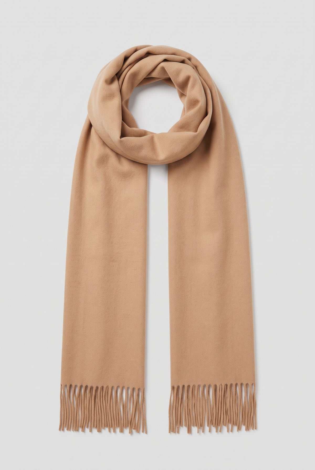 Cashmere Fringed Scarf in Light Beige — studio front