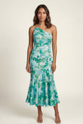 Light Blue Asymmetrical One-shoulder Floral Print Midi Dress - Photo 1